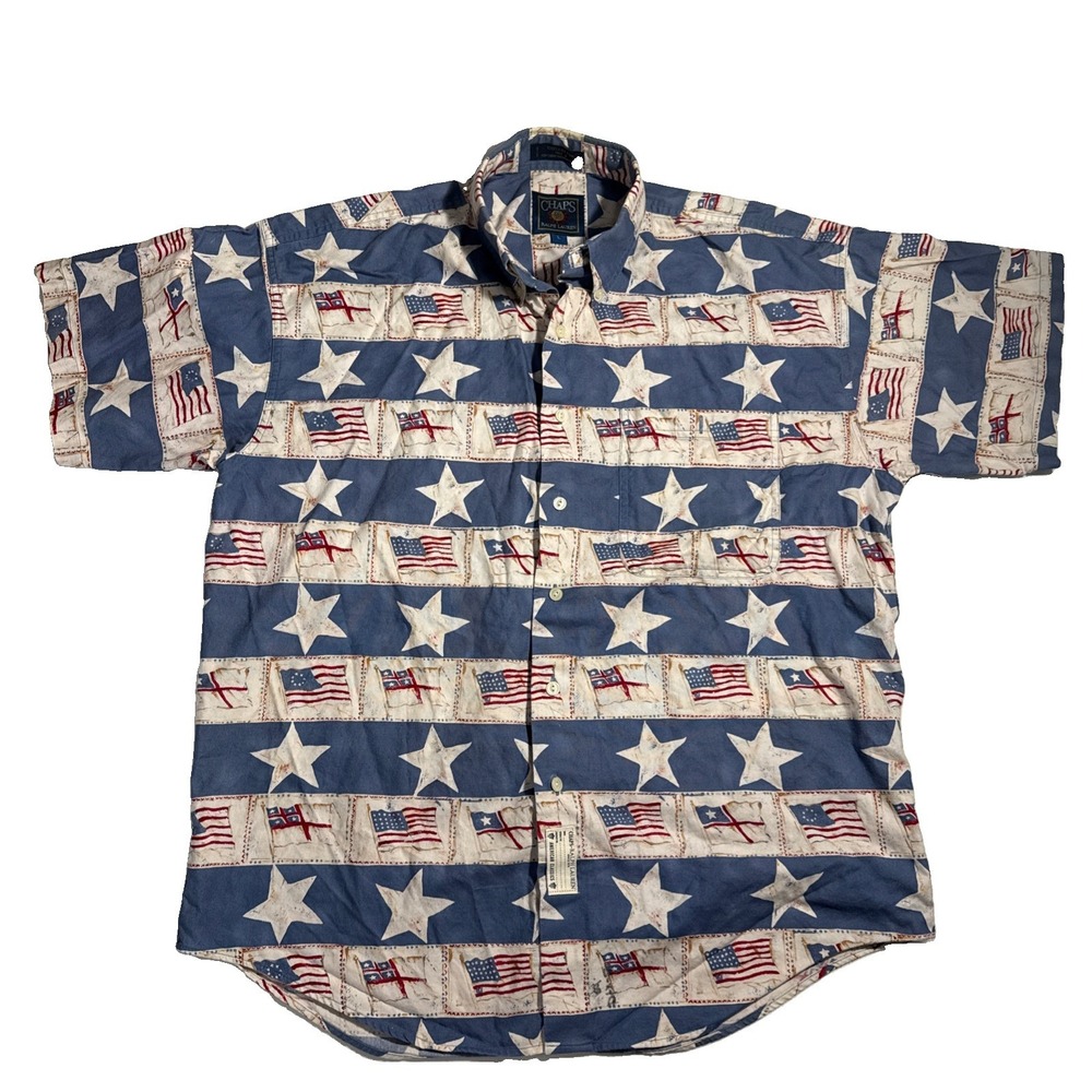 Vintage Chaps Ralph Lauren Button Down Short Sleeve Shirt Flag Print Men's L